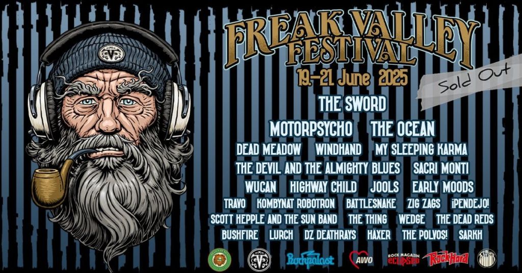 Festival poster for Freak Valley Festival 2025 featuring a bearded man with headphones and a pipe, listing performing bands and the date 19-21 June 2025.